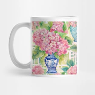 Hydrangeas in chinoiserie jars and white lattice Mug